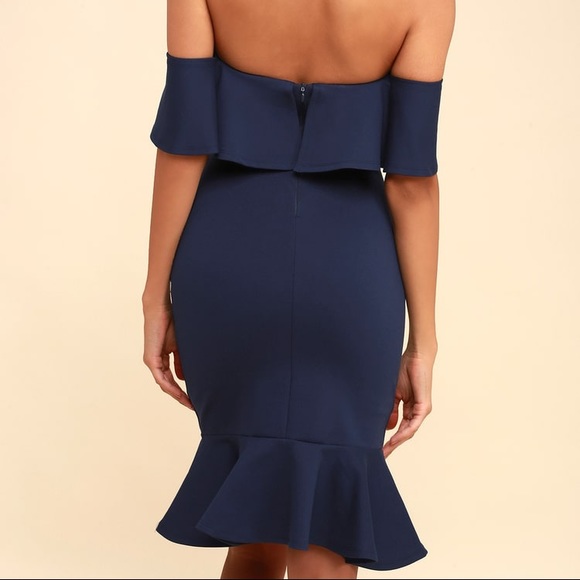 navy blue off the shoulder bodycon dress